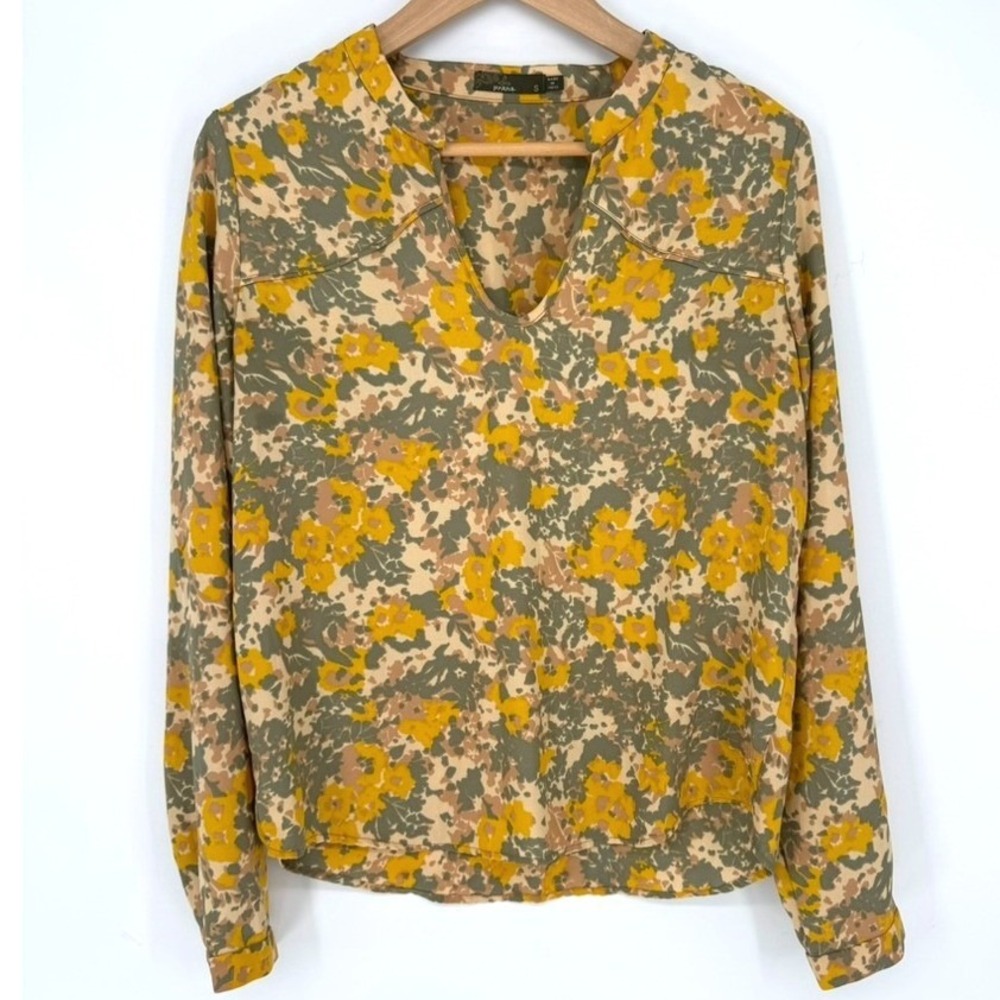 prAna Wild at Heart Mustard Yellow Olive Green Floral Split V-Neck Blouse Small